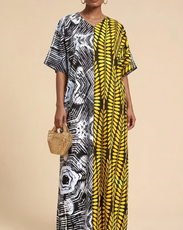 Robe Longue Ample à Manches Chauve-Souris avec Imprimé Géométrique Contrasté Multicolore, Robe de Soirée Formelle pour Femme