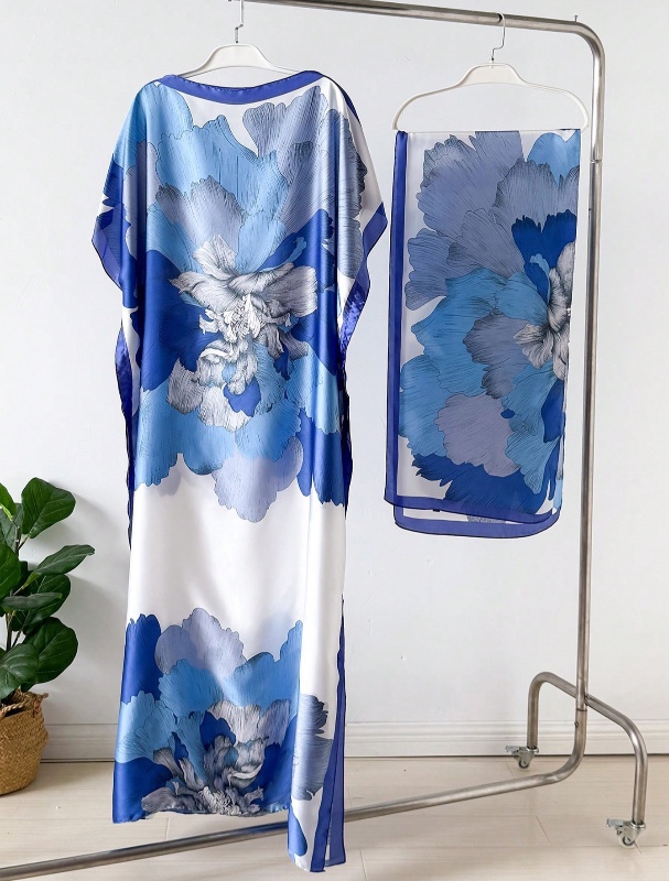 Ensemble 1 pièce : robe imprimée effet soie, châle et petit foulard. Idéal pour la plage, la protection solaire et comme vêtement de tous les jours.