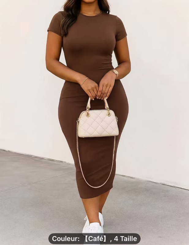 Robe simple à manches courtes pour femmes, couleur unie, pour tous les jours | Col rond, coupe moulante, idéale pour l'automne/hiver