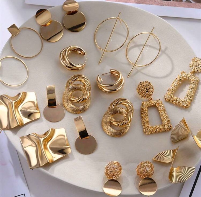 12 pièces/set Ensemble de boucles d'oreilles géométriques dorées pour femmes, styles assortis, livraison aléatoire
