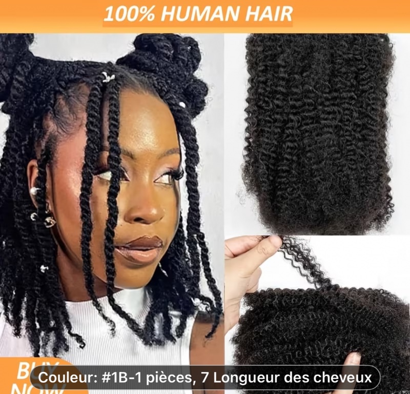 Cheveux Humains 100% Naturels en Vrac pour Dreadlocks et Tresses - Extension à Torsion Printanière - 1 Pièce - Afro Bouclés Ondulés - Couleur Noire Naturelle