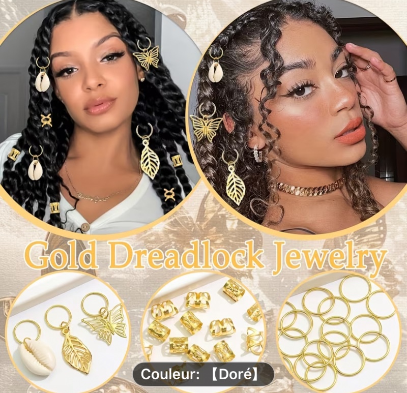 Lot de 50 bijoux de cheveux papillon, manchettes dorées pour dreadlocks, bijoux pour coiffure coquillage, pinces et anneaux en métal pour tresses, accessoires de décoration capillaire pour femmes