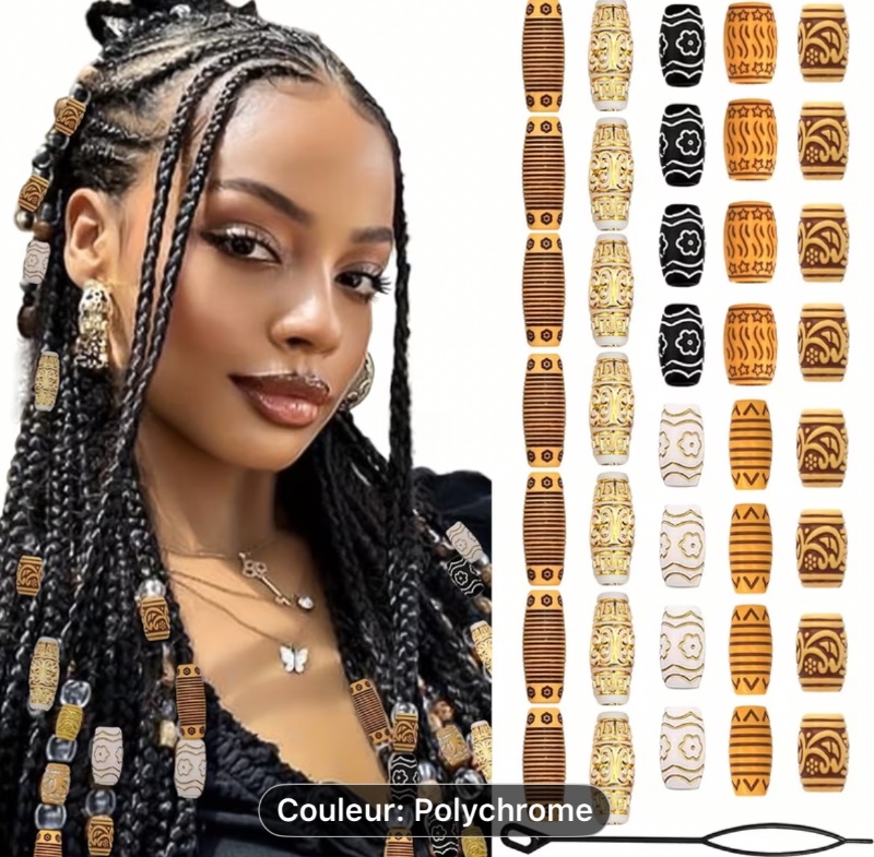 CECILLIA WIG 38pcs Perles de cheveux en bois pour tresses, perles de bijoux pour dreadlocks, formes variées pour la décoration des cheveux, convient aux femmes et aux hommes, Style-3