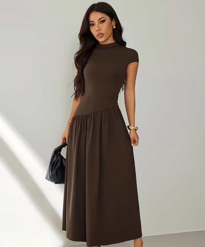 Robe décontractée longue à manches bouffantes, col montant et plissée, couleur unie pour femme, robe d'été marron