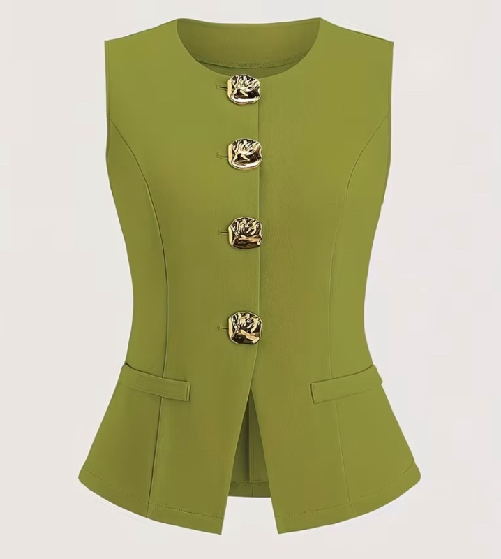 Blazer Femme Basique Style Français à Boutons Métalliques Sans Manches Léger
