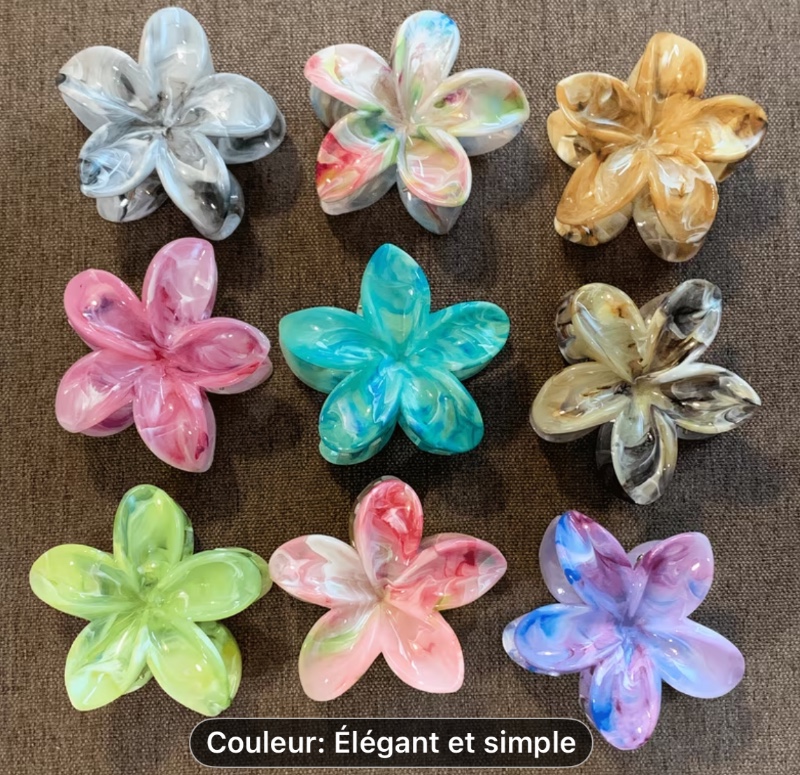 Un ensemble de 6 pinces à cheveux à fleurs colorées avec éclaboussures d'encre dégradée, améliorées avec un mélange de résine, présentant un motif de marbre. Ces pinces requin sont des ajouts de cheveux élégants et faciles pour les femmes.