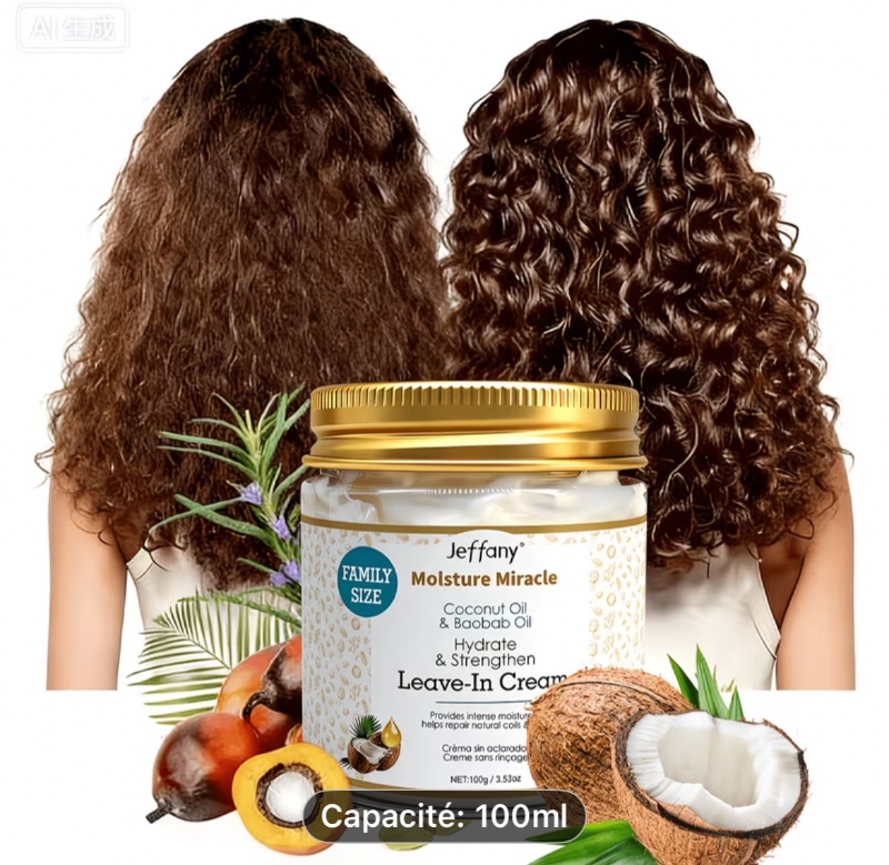 Cette crème coiffante à l'huile de coco 100G, à appliquer sans rinçage, offre 120 fois plus de hydratation que les produits classiques. Elle nourrit et renforce profondément les cheveux, offrant une hydratation tout en lissant les frisottis. La formule es