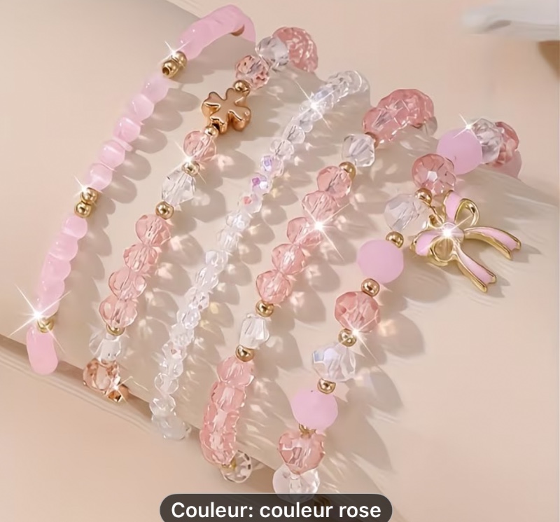 Ensemble de 5 bracelets en perles de verre rose élégant avec boucles dorées et pendentifs à nœud - Parfait pour les fêtes, les festivals de musique et les vacances, accessoires polyvalents pour toutes les saisons | Accessoire élégant | Finition brillante