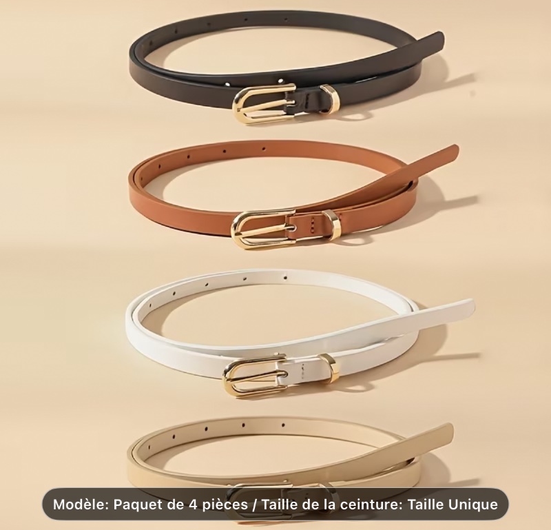 Lot de 4 ceintures fines à boucle à ardillon dorée, au design de couleur unie, adaptées aux occasions décontractées et professionnelles. Elles se marient bien avec diverses tenues telles que jupes et pantalons, offrant une grande polyvalence. de plus, cet