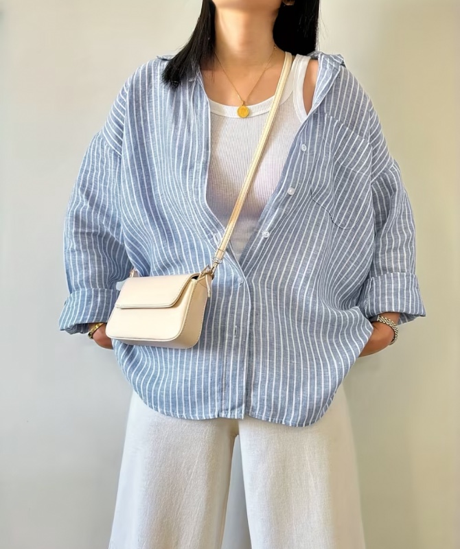 Chemise ample décontractée à rayures pour femme, Haut à poche à rayures de couleur classique Niannian