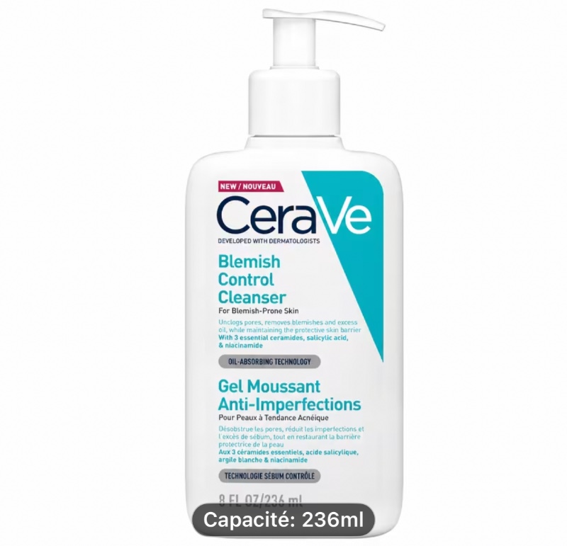 Nettoyant CeraVe Blemish Control 236ml à l'acide salicylique et à la niacinamide pour peaux grasses