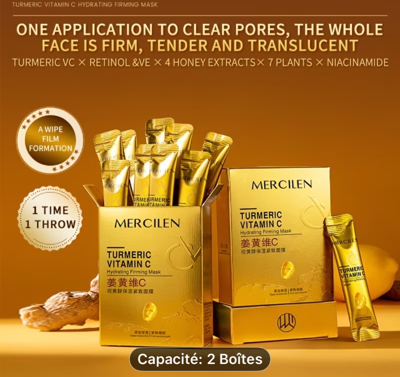 2 Boîtes de Masque Hydratant au Curcuma, Vitamine C et Rétinol, Contenant de la Niacinamide, du Collagène et du Squalane Végétal pour Hydrater et Éclaircir la Peau du Visage, Donner à la Peau un Aspect Plus Jeune. Un Incontournable pour les Voyages, Convi