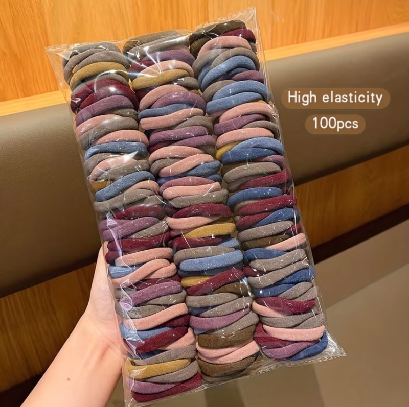 100pcs Attaches de Cheveux En Jersey Bohème Vintage - Bandes de Cheveux Sans Couture À Haute Élasticité, Supports de Queue de Cheval Extensibles Et Durables Pour Filles, Ensemble de Bagues de Cheveux Solides de Couleurs Mêlées