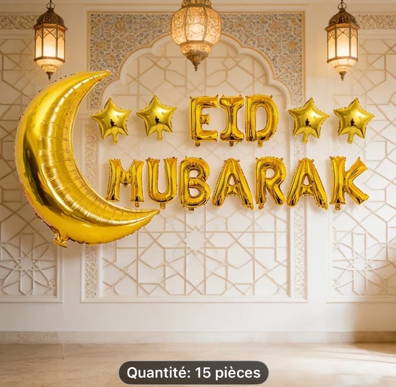 15 pièces Kit de Ballons pour Fête de Vacances, avec une Bannière "Eid Mubarak" en Ballons, Accompagnée de Ballons Étoiles Dorées et Ballons Lune. Idéal pour les Décorations de l'Aïd al-Fitr/Ramadan, Ballons d'Ambiance Festive et Décorations de Fête. Aucu