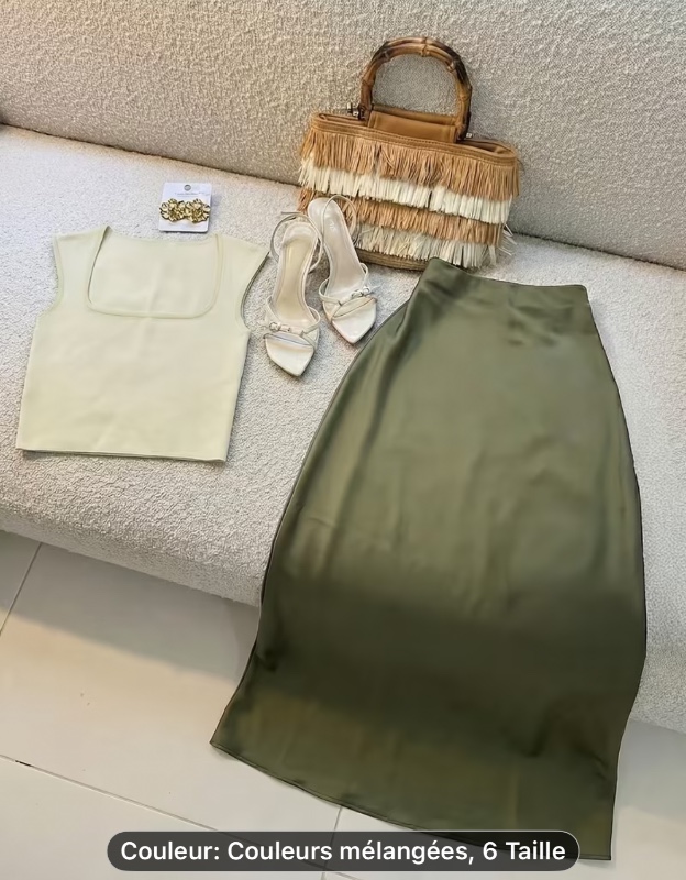 Ensemble Jupe Quatre Saisons, Débardeur Col Carré Ample & Jupe Satinée Slim 2 Pièces, Y2K, Élégant Décontracté, Idéal pour Sorties, Trajets, Maison, Vacances, Tenue de Fête, Vêtements pour Femmes