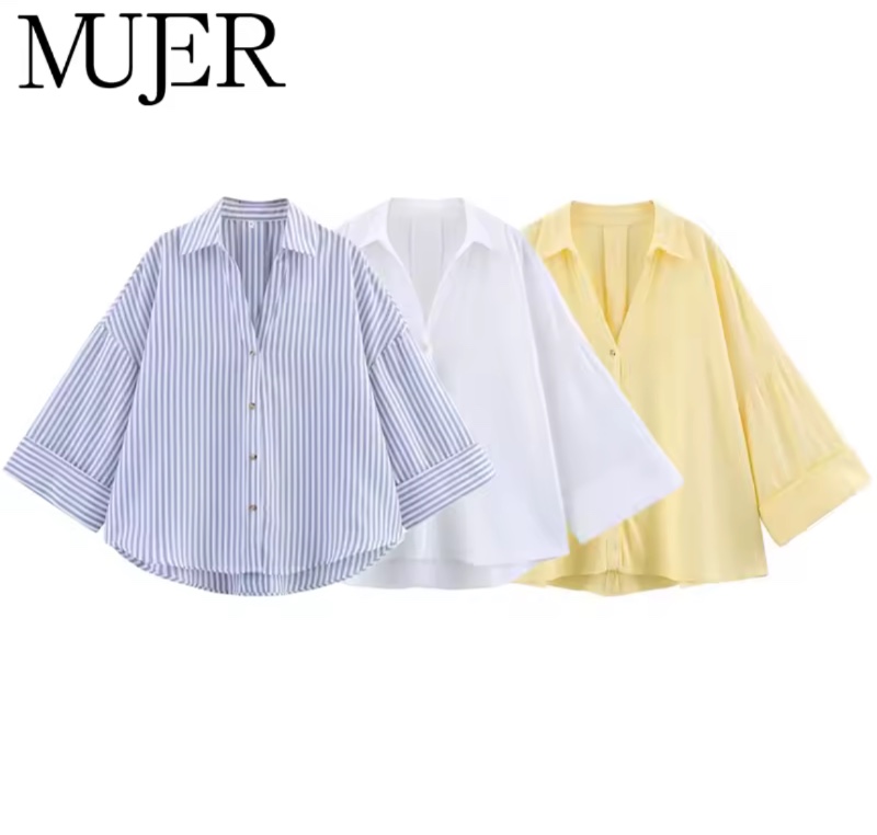 MUJER rayé chemise femme blanc chemises décontractées amples pour les femmes été boutonné chemises et chemisiers femme à manches larges haut pour femme