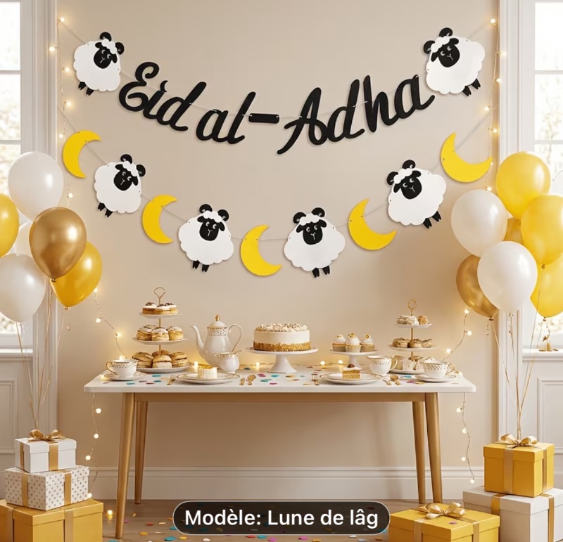 Bannière de décoration pour l'Aïd al-Adha, bannière noire à paillettes pour l'Aïd al-Adha, avec découpes en papier de moutons et de lune, convient pour les fêtes et décorations murales à domicile pour l'Aïd al-Adha musulman