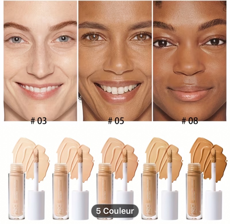 Correcteur Liquide Couvrance Totale 5 Couleurs, Fond de Teint Longue Tenue 8h, Effet Mat Naturel Imperméable, Couvre Cernes, Imperfections, Rosacée, Teint Terne, etc., Applicable en Couches, avec Pinceau pour un Maquillage Facile, Idéal pour le Quotidien