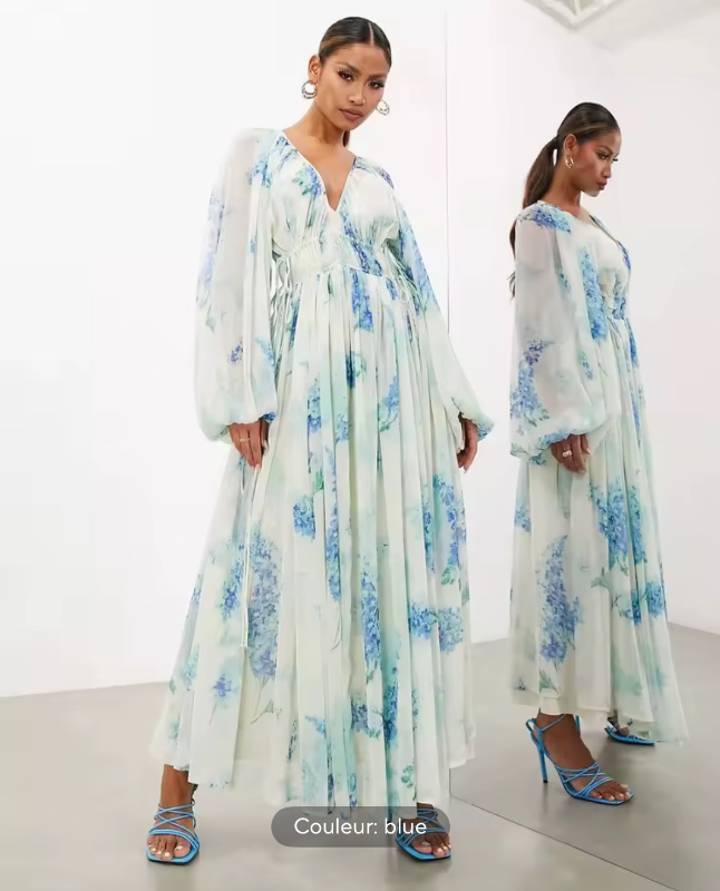Robe longue en mousseline de soie imprimée élégante pour femmes, col en V, taille haute, ficelle de proximité, plis transparents, robe de soirée à manches longues, robe éducative féminine