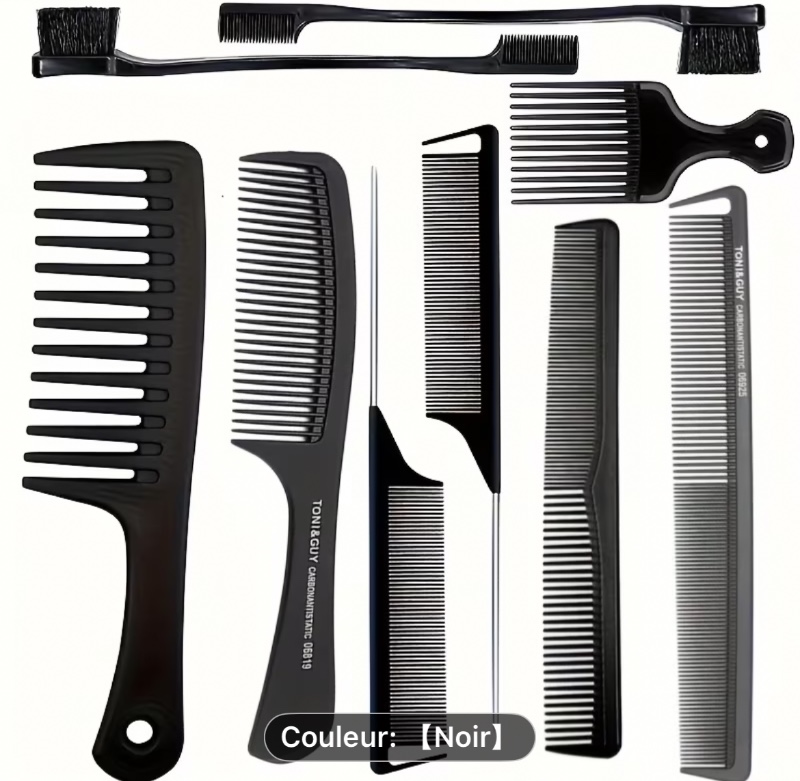Ensemble de 9 peignes de coiffure professionnels pour hommes et femmes - Peigne multifonctionnel à dents fines, fabriqué en plastique ABS durable et en métal, inclut un peigne démêlant et un peigne à queue de rat adaptés à tous les types de cheveux