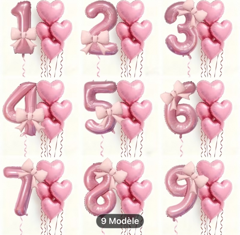 Lot de 6 ballons de fête roses avec nœud numéroté et ballons en forme de cœur pour fête d'anniversaire, décoration de rassemblement, anniversaire, célébration de festival, mur de fond, fête en plein air, ambiance, fournitures de boules décoratives pour ph