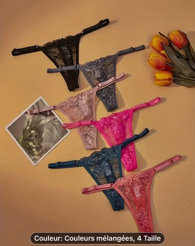 6 culottes string à taille basse ajustables en dentelle pour femmes - Sexy et bordure en dentelle rose, sous-vêtements en maille respirante avec élastiques, coupe confortable pour tenue décontractée, string de lingerie