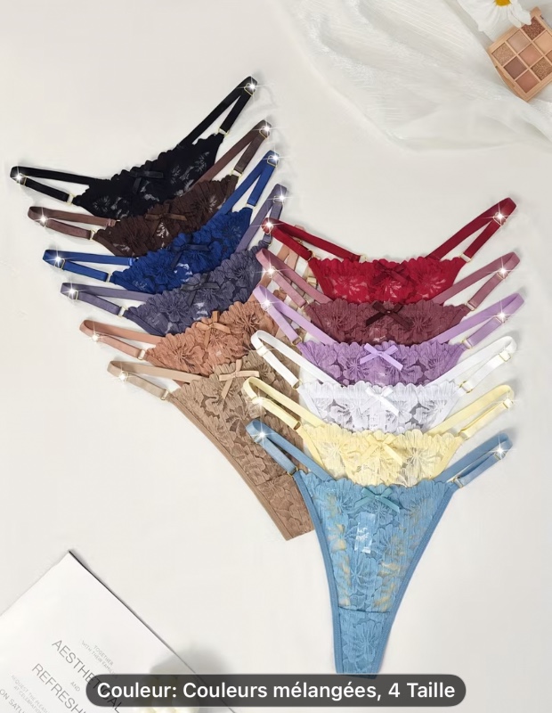 Ensemble de 12 strings pour femmes avec des motifs en dentelle exquises et sexy, ornés de bagues en métal, conçus pour le confort, la douceur et la respirabilité, parfaits pour la lingerie féminine.