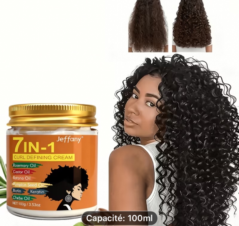 Crème coiffante frisante 7-en-1 - 100 ml, enrichie à l'huile d'argan marocaine, au romarin, à l'huile de batana, à l'huile de ricin, à la kératine et à la biotine. Convient aux cheveux normaux, offre une tenue longue durée pour des boucles volumineuses. I