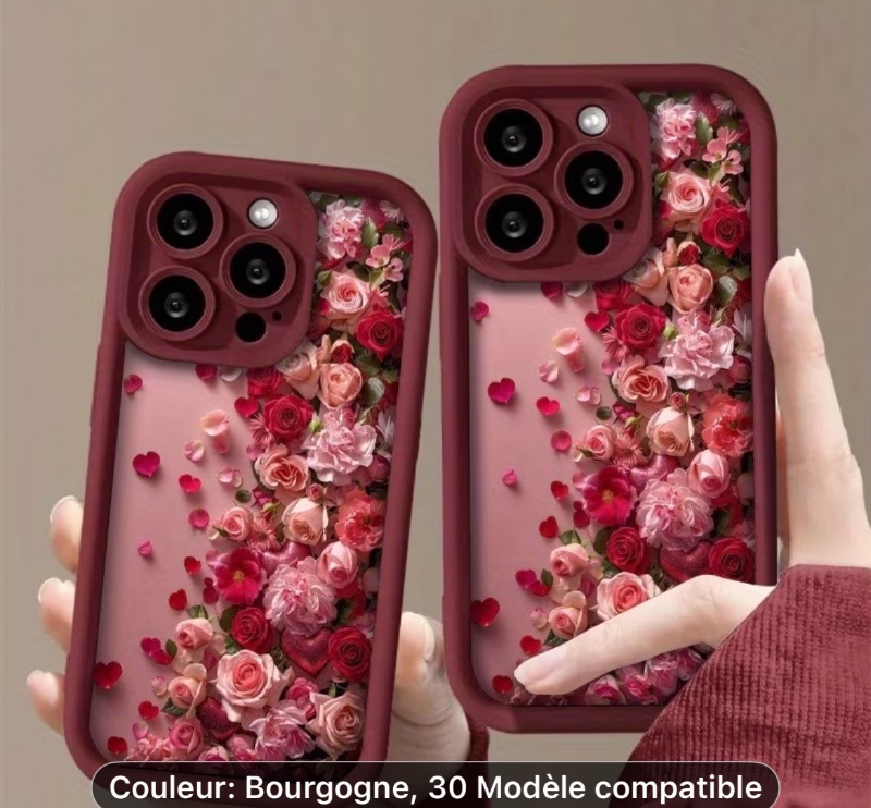 Étui de téléphone : Étui de  à bordure haute à motif de roses, housse de  souple. Convient pour les séries iPhone 17/16/15/14/13/12/11/7/8/SE/Plus/Pro Max/X/XS/XS Max/XR. Doté d'échancrures précises, d'un design attrayant et d'un tout nouveau style tendan