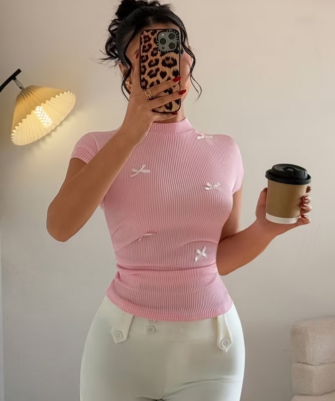 Haut pour femme printemps/été simple et délicat à col mi-montant avec nœud tridimensionnel