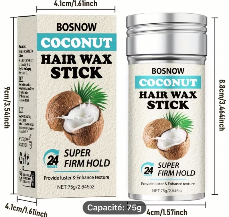 Bâton de cire capillaire au coco 75G, 3 secondes pour une fixation instantanée, hydrate les cheveux, offre un brillant et améliore la texture, style longue durée 24 heures, adieu aux cheveux désordonnés