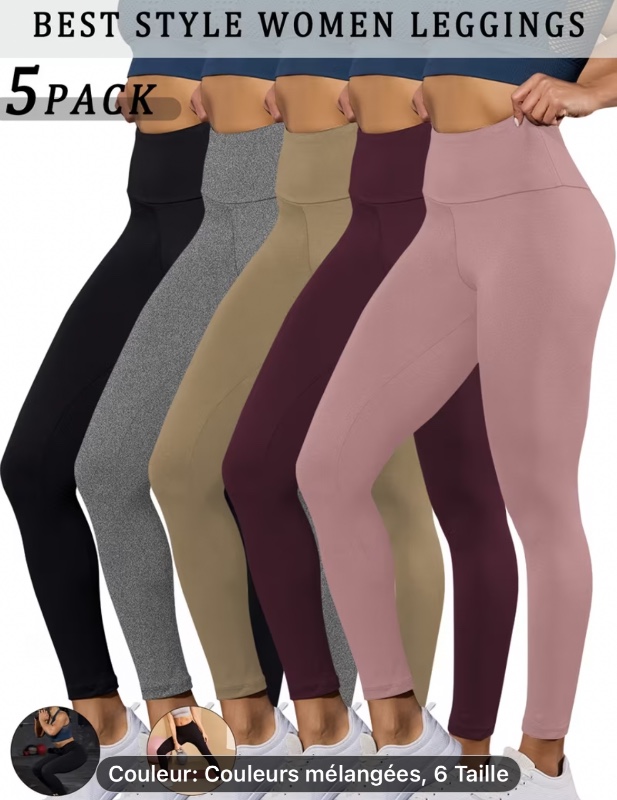 Lot de 5 leggings super doux pour femmes, taille haute, contrôle du ventre, opaque, pour le sport, le yoga et la course à pied