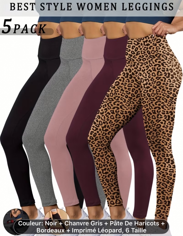 Lot de 5 leggings super doux pour femmes, taille haute, contrôle du ventre, opaque, pour le sport, le yoga et la course à pied