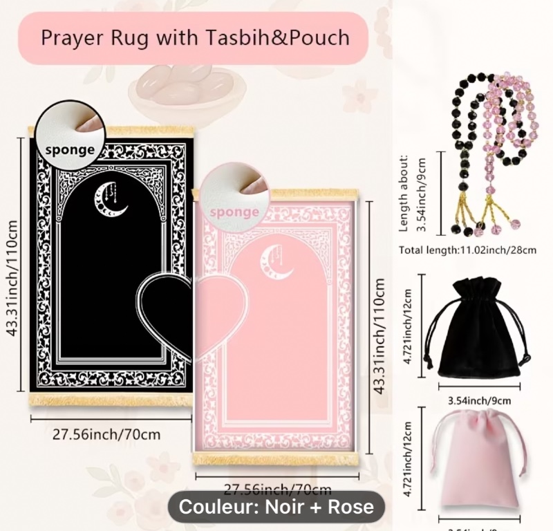 Ensemble de 6 pièces, 2 tapis de prière islamiques luxueux pour couples, équipés de 2 cordons de perles de prière et de 2 poches, tapis de prière doux et épais pour hommes et femmes, cadeaux de mariage, d'Aïd du Ramadan et d'anniversaire