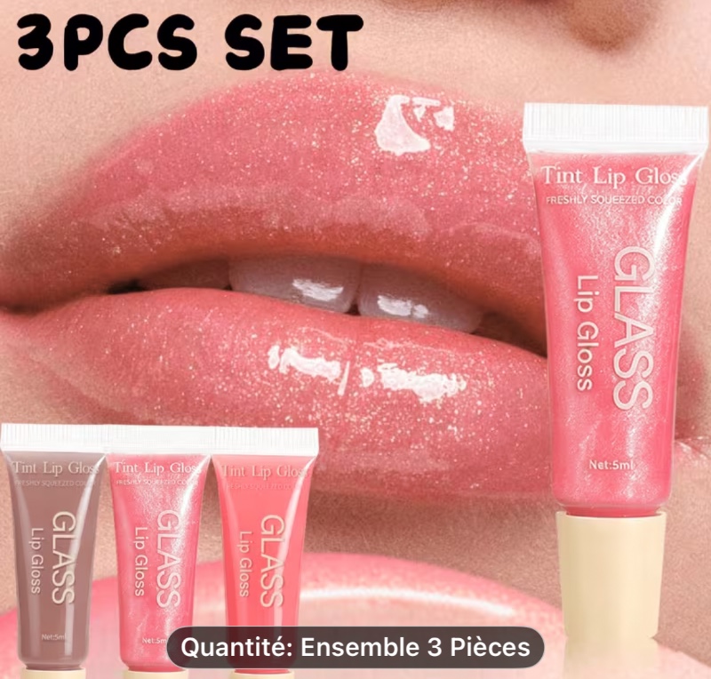 Ensemble de 3 brillants à lèvres teintés - Formule ultra-nuancée, effet rehausseur longue durée, brillance hydratante non collante, couleurs naturelles fraîches, kit de soin des lèvres portable pour le Cosmétique quotidien et les soirées
