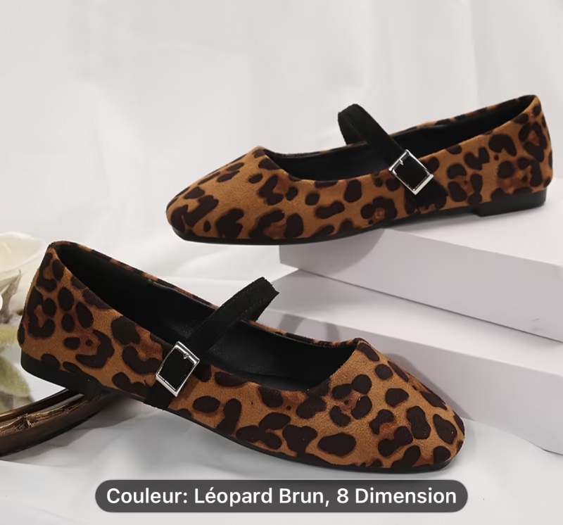 Escarpins plats à bout carré et découpe peu profonde de style français à imprimé léopard et à une seule sangle, nouveaux escarpins Mary Jane élégants pour femme à associer avec des jupes, chaussures pour femme