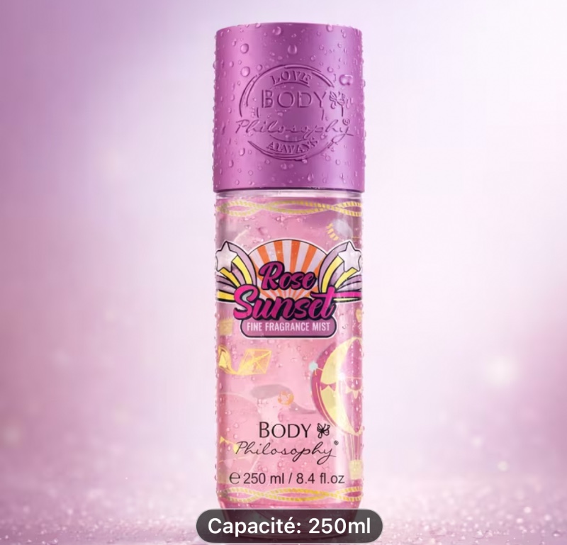 ROSE SUNSET 250ML – Brume Parfumée Corps Fine Fragrance Mist – Parfum Floral Rosé – Hydratante & Rafraîchissante – Spray Corps Femme – 250 ml