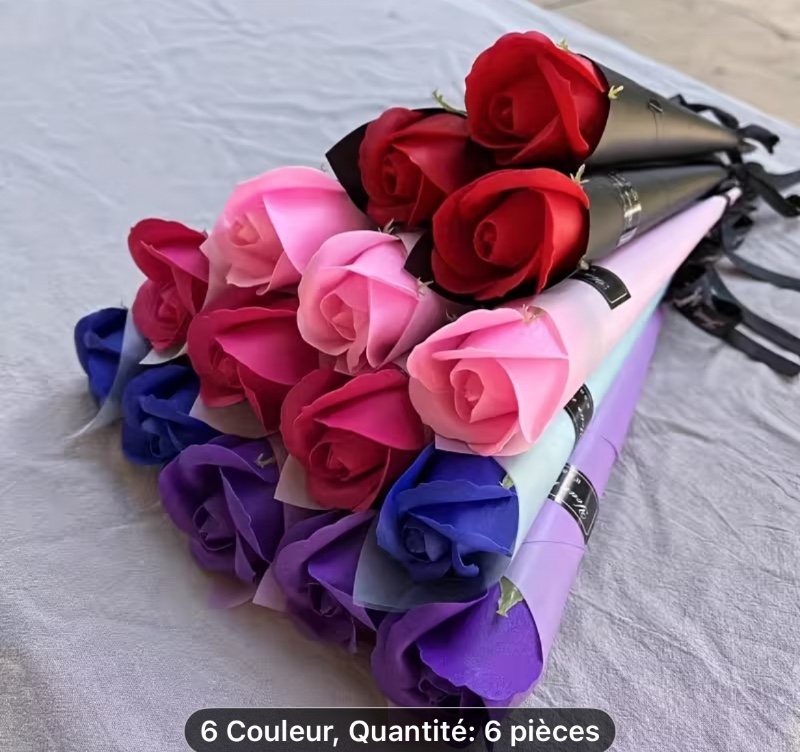 6 roses en savon artificielles multicolores, bouquet floral pour mariage, décoration, cadeau de graduation, scrapbooking, Saint-Valentin ou anniversaire