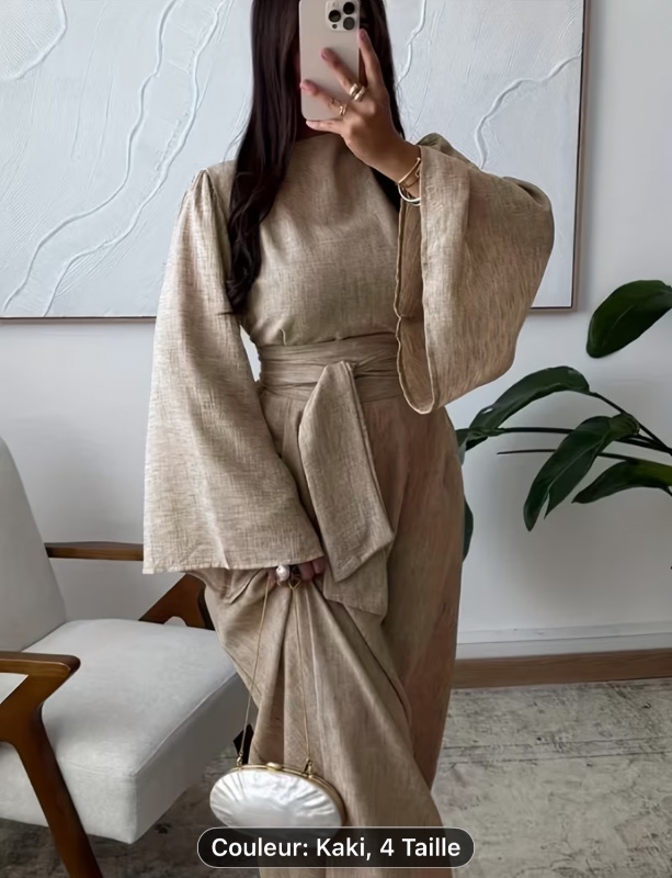 Robe élégante à manches longues, col rond, taille haute, cintrée et à nouer, Longue robe gracieuse
