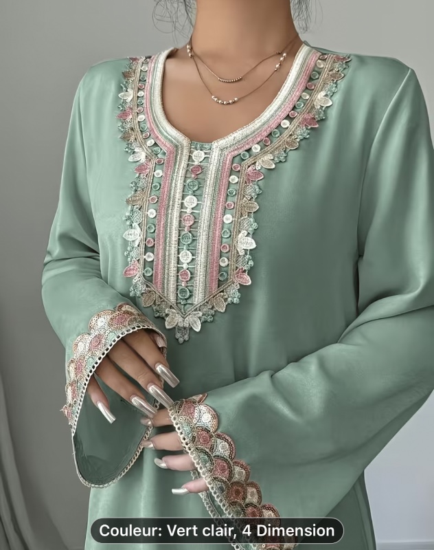 Robe longue traditionnelle du Moyen-Orient - Robe élégante ample gainante pour le ventre, convient pour invitée de mariage, occasions spéciales, col rond, manches longues avec broderie, non extensible, convient pour toutes les saisons et à porter toute l'