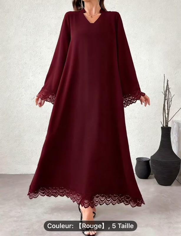 Robe Abaya Arabe Élégante à Manches Longues pour Femme – Relevée de Dentelle, 100 % Polyester, Lavable en Machine, Légèrement Élastique, Tenue Décontractée d'Été, Collection Moyen-Orient