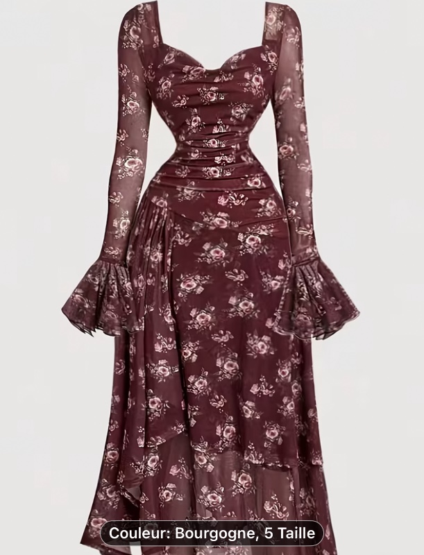 Robe Élégante Vintage à Imprimé Floral avec Col Carré - Manches Longues Asymétriques en Chauve-Souris Adaptée aux Mariages, Fêtes & Événements Formels - Robe Ajustée Extensible