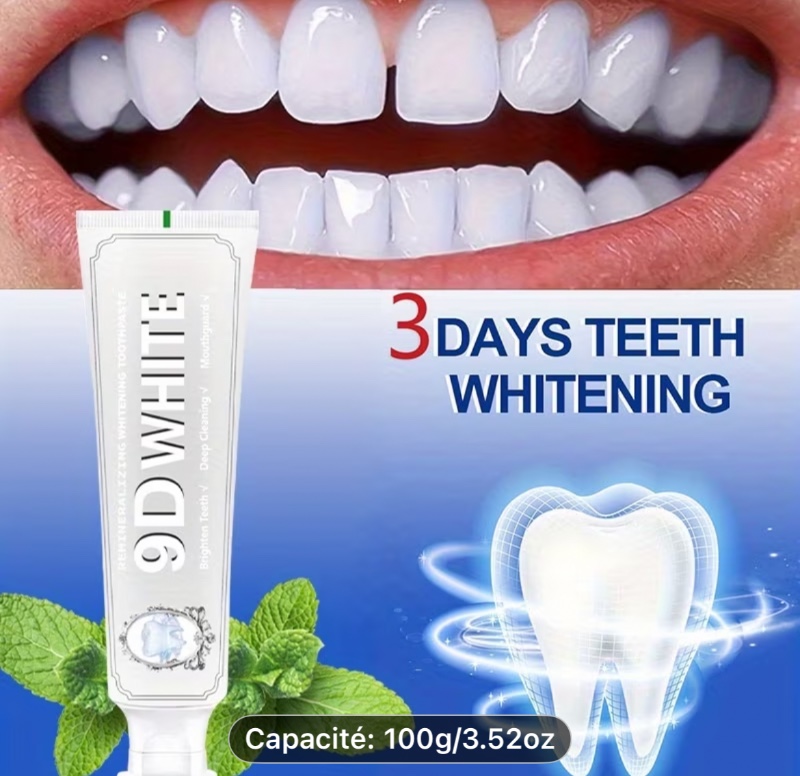 Dentifrice Blanc 9D - 100G/3.52Oz, une Formule pour Polir et Illuminer les Dents pour un Usage Quotidien, Fournit un Nettoyage en Profondeur, une Haleine Fraîche et un Sourire Éclatant, Améliore les Soins Dentaires, Essentiel pour l'Hygiène Bucco-Dentaire