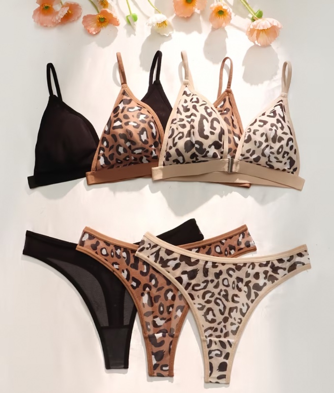 3 Ensembles de Costume Femme Confortable à Imprimé Léopard Européen et Américain avec Boucle Avant Imprimée, Ensemble 6 Pièces