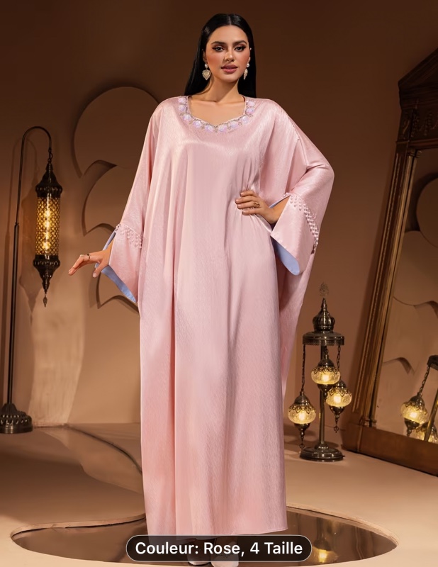 MUYIYA BRAND Nouvelle Robe Arabie Une Pièce Femme Élégante Coupe Ample avec Col et Poignets Décorés de Motifs Luxueux et Lourds en Perles, Manches Chauve-Souris