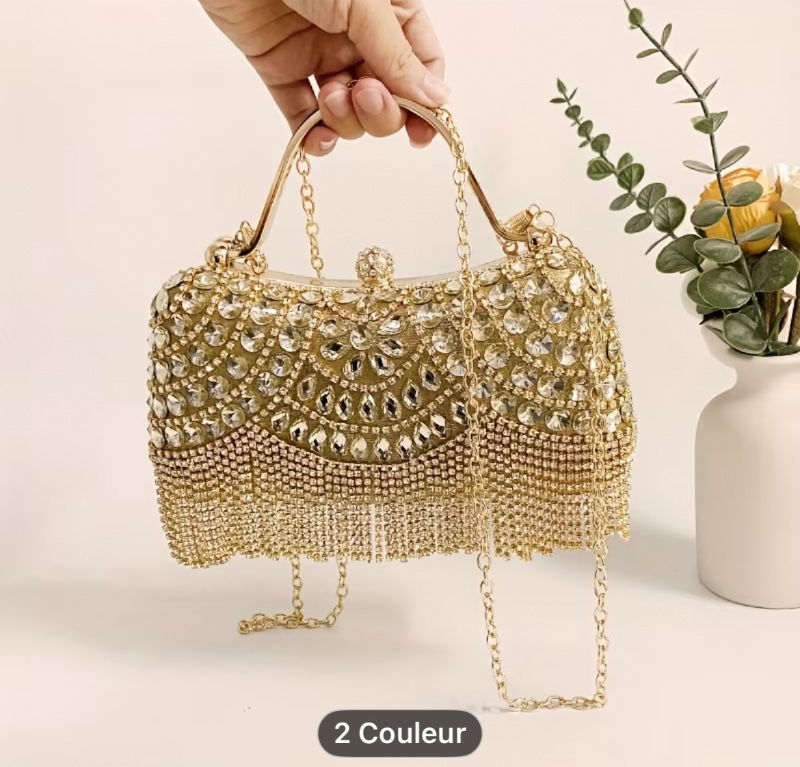 Sac à main élégant pour soirée avec strass, bandoulière amovible et fermeture, convertible en bandoulière ou épaule, idéal pour mariages, bals et fêtes, boîte à franges, style européen