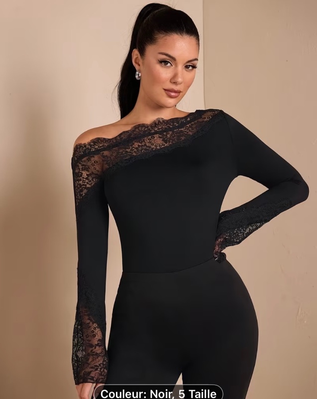 Body Femme Noir Uni  et Élégant Asymétrique en Patchwork de Dentelle à Épaules Dénudées et Manches Longues Évasées