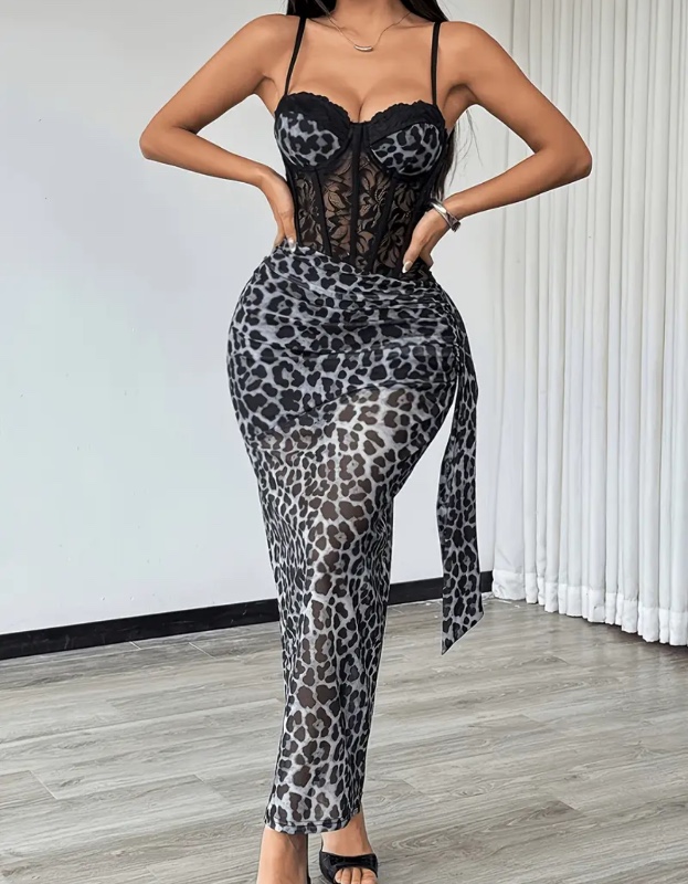 Robe sans bretelles  tendance pour femme, jupe longue semi-transparente en résille imprimée léopard avec panneaux de dentelle, à arêtes de poisson, détails à nouer, robe longue élégante et  sans dos pour femme d'âge mûr, convient pour les fêtes et le quot