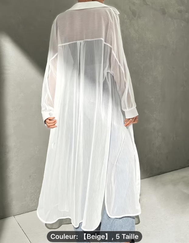 Robe de Plage Maxi pour Femme - Blouse à Col Semi-Transparent, Manches Longues, Blanc Uni, Tenue de Resort Toutes Saisons, Lavable en Machine, Haut Élégant Style Manteau pour Événements Décontractés et Formels (Sans Élasticité)