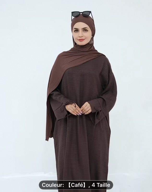 Robe musulmane en tissu Nida uni, douce pour la peau et respirante, avec poignet fendu et bretelles nouées. Cette abaya de prière convient à toutes les saisons et est idéale pour le quotidien et la prière des femmes. Foulard non inclus